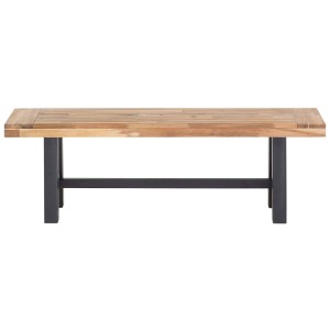Banc de jardin Scania en bois d'acacia marron avec assise à lattes et structure en métal noir.