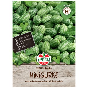 Sperli Graines Mini concombre 'Sandia', paquet avec de petits concombres rayés verts et blancs.