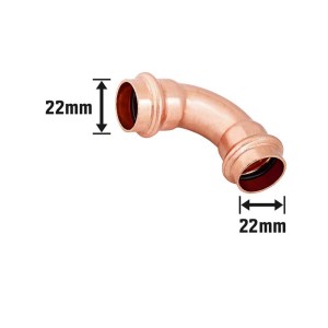 Raccordo a pressare in rame, gomito 22 mm, 90 gradi, per impianti idraulici e di riscaldamento.