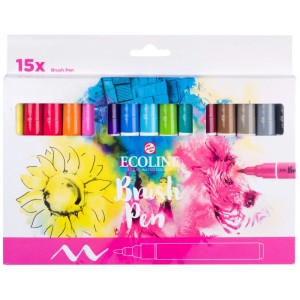 Ecoline Brushpen Set mit 15 mehrfarbigen Stiften für Handlettering und Aquarellmalerei.