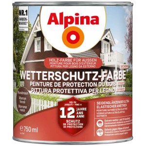 Alpina Wetterschutzfarbe Nussbraun, deckende Holzfarbe für Außen, 750 ml Dose.