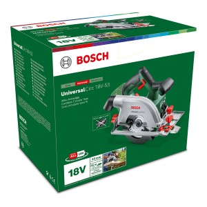 Confezione della sega circolare a batteria Bosch UniversalCirc 18V-53 Solo. Sega senza batteria.