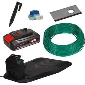 Accessoires pour robot tondeuse Einhell Freelexo 500 LCD BT+ : station de charge, batterie, câble périphérique, crochets, lames, bornes.