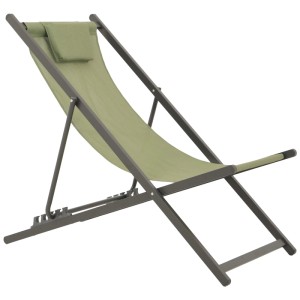 Sedia da spiaggia pieghevole verde-antracite con poggiatesta. Ideale per giardino, spiaggia e campeggio.