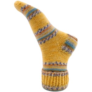 Filato per calze Myboshi Merino girasole, calza gialla con motivo.