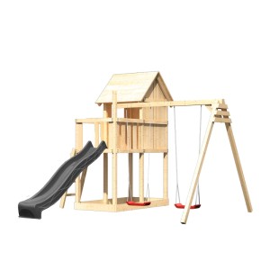 Karibu Frieda cabane de jeux en bois avec toboggan et balançoire double, naturel et anthracite.