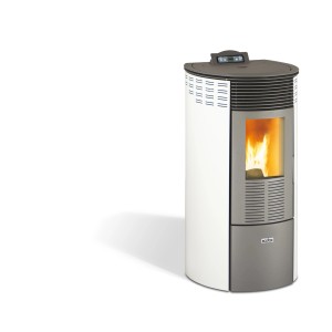 Poêle à granulés Ecofox blanc, rond, 12 canaux avec fenêtre et flammes.