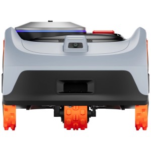 Robot tondeuse Navimow i208E AWD, vue arrière avec transmission intégrale et roues orange.