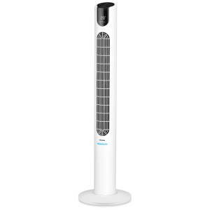 Ventilateur tour Trisa Comfort Breeze blanc avec écran digital et design fin.