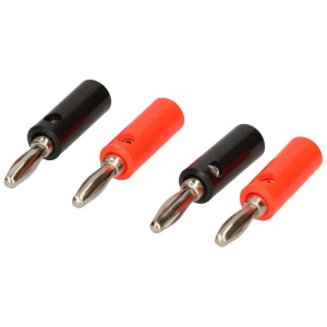 Quatre fiches bananes 4 mm (rouge/noir) avec connexion à vis pour haut-parleurs et récepteurs AV.