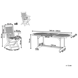 Schéma : Ensemble de jardin Beliani Maui, table et 8 chaises avec dimensions.