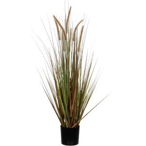 Mica Decorations pianta artificiale erba piuma Dogtail, 120cm, steli verdi con piume marroni in vaso nero.