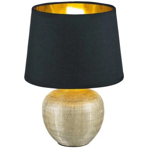 Lampada da tavolo Luxor nera e oro con paralume in tessuto, Ø 18 cm, altezza 26 cm.