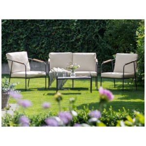 Salon de jardin Beliani Vezzana 4 pièces, acier beige clair avec fauteuils, canapé et table pour le jardin.