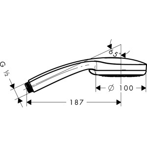 Dessin technique : Douchette Hansgrohe Croma 100 Vario, chrome, dimensions et angles indiqués.