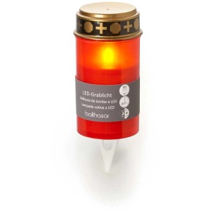 Rote LED-Grabkerze mit Dorn zur einfachen Befestigung im Boden.