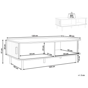Schéma : Table basse marron Beliani Bradley avec dimensions (41x60x120cm), MDF/métal, charge max. 20kg.