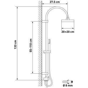 Dessin technique : Système de douche chromé Diaqua Despina, hauteur 133 cm, avec dimensions.