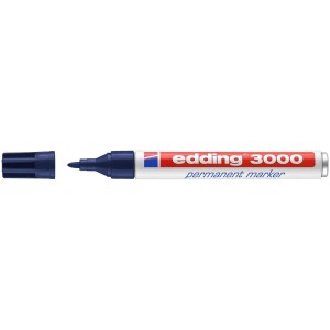 Marqueur permanent Edding 3000 bleu acier avec capuchon retiré. Largeur de trait 1,5-3 mm.