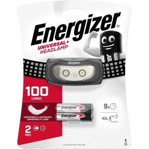 Lampe frontale Energizer Universal+ avec 2 piles AAA, 100 lumens, 2 modes d'éclairage.
