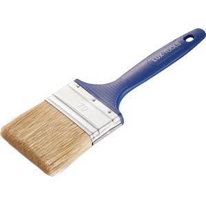 Pennello piatto LUX 50 mm per pitture a emulsione con manico in plastica blu e foro per appendere.