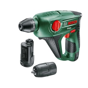 Trapano a percussione a batteria Bosch Uneo con batteria e accessori. Potente pacchetto 3 in 1 per martellare, forare e avvitare.
