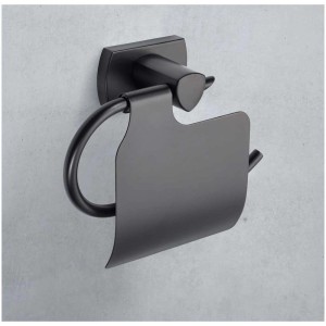 Porta carta igienica Diaqua Biasca nero opaco con coperchio per montaggio a parete.