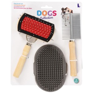 Set de brosses et peignes pour animaux, 3 pièces. Inclut brosse à manche en bois, brosse en caoutchouc et peigne.