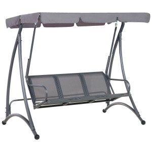 Balancelle de jardin grise Beliani Bogart en métal avec auvent et assise en maille pour 3 personnes.