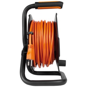 Enrouleur de câble Steffen avec 4 prises T13, câble de 15 m, noir et orange. Pour intérieur.