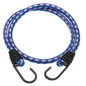 Sandow bleu, blanc et rouge avec crochets métalliques, longueur 100 cm, pour voyage et transport.