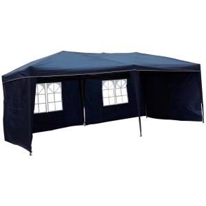 Gazebo pieghevole in alluminio blu, 250x300x600 cm, con pannelli laterali finestrati e chiusi.