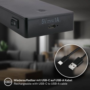 Brilo Akku-LED-Wandleuchte Smooth: USB-C Ladeanschluss, Ein/Aus-Schalter. Inkl. USB-C auf USB-A Kabel. Schwarz, dimmbar.