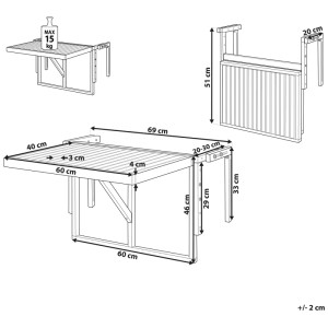 Schizzo: Tavolino da balcone Beliani Udine in legno di acacia marrone scuro con dimensioni.