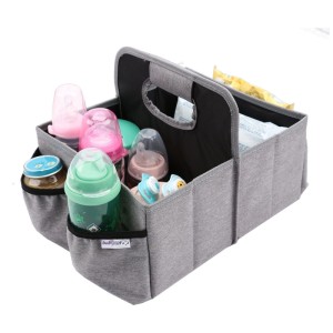 Grauer Babyruf Buggy Organizer BO500 mit Babyflaschen und Utensilien. Ideal für Kinderwagen & Wickeltisch.