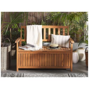 Banc de jardin Sovana marron en bois d'acacia avec accoudoirs, assise relevable et rangement intégré, en extérieur.