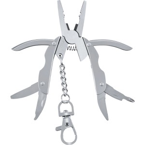 Pince multifonction LUX argentée avec porte-clés, divers outils dépliés.