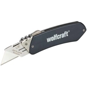 Cutter Wolfcraft con corpo in alluminio e lama trapezoidale retrattile.