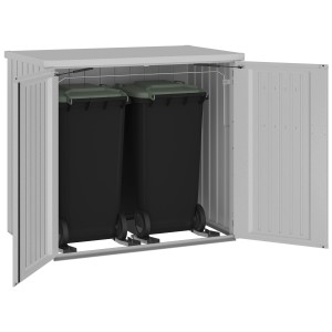 Cache-conteneurs Biohort Alex Duo, argent métallisé, pour deux poubelles. Cache-conteneurs portes ouvertes.