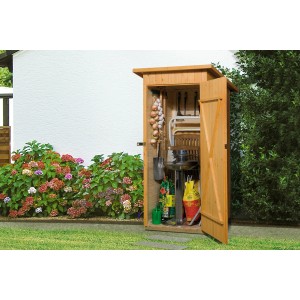 Armoire de jardin ouverte en bois Weka 361 avec outils de jardinage et oignons.