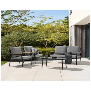 Salon de jardin Acamp Lyon anthracite, 4 pièces avec canapé, fauteuils et table pour le jardin.