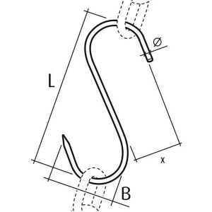 Gancio a S Conacord in acciaio, diametro 3,9 mm, lunghezza 80 mm. Disegno tecnico con misure.