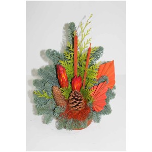 Coupe funéraire Nobilis Orange, Ø 25 cm, avec branches de sapin, pommes de pin et accents orange.