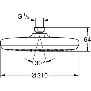 Disegno tecnico: Soffione doccia Grohe QuickFix Vitalio Start 210 con dimensioni.