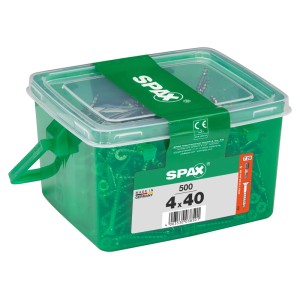 Viti universali svasate Spax 4x40 mm, 500 pz, in contenitore verde. Azionamento T-Star plus per legno, plastica, cemento.