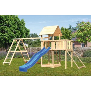 Tour de jeu Karibu Lotti avec balançoire double, structure d'escalade, toboggan et bac à sable.