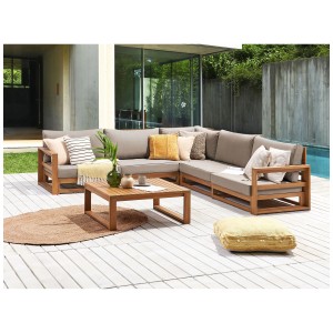Set lounge Beliani Timor II, divano angolare a 5 posti in legno acacia marrone chiaro con tavolo.