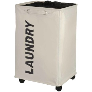 Cesto portabiancheria beige Wenko Quadro con ruote, capacità 79 l e scritta nera 'Laundry'.