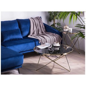 Table basse noire Meridian avec plateau en verre et structure dorée, diamètre 80 cm.