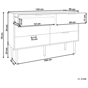 Schéma du commode blanc Beliani Soho à 6 tiroirs avec dimensions.